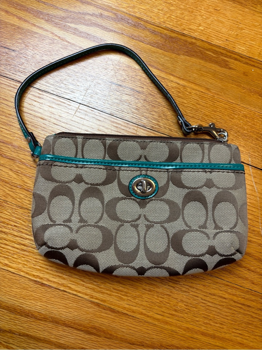 Coach Signature Canvas Wristlet in Brown with Teal Trim